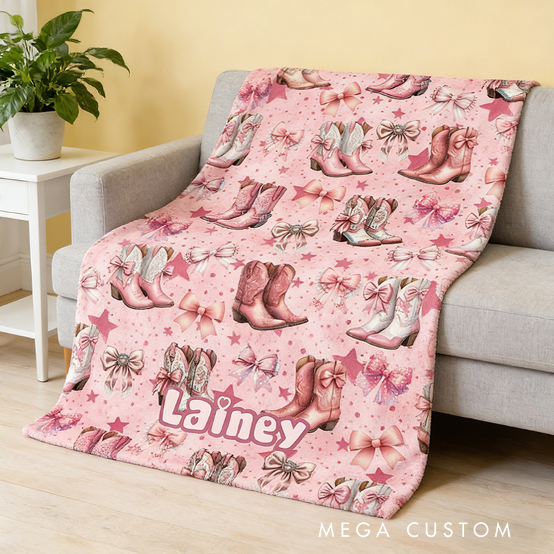 Personalized Pink Coquette Cowgirl Blanket Boots & Bows Pastel Western Custom Name Gift