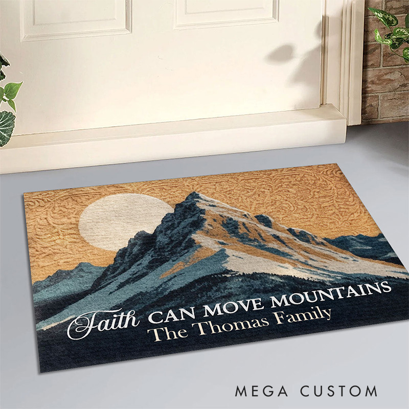 Personalized Faith can Move Mountains Doormat with Custom Family Name Non-Slip Durable Front Door Decor Religious Gift for Faithful Family