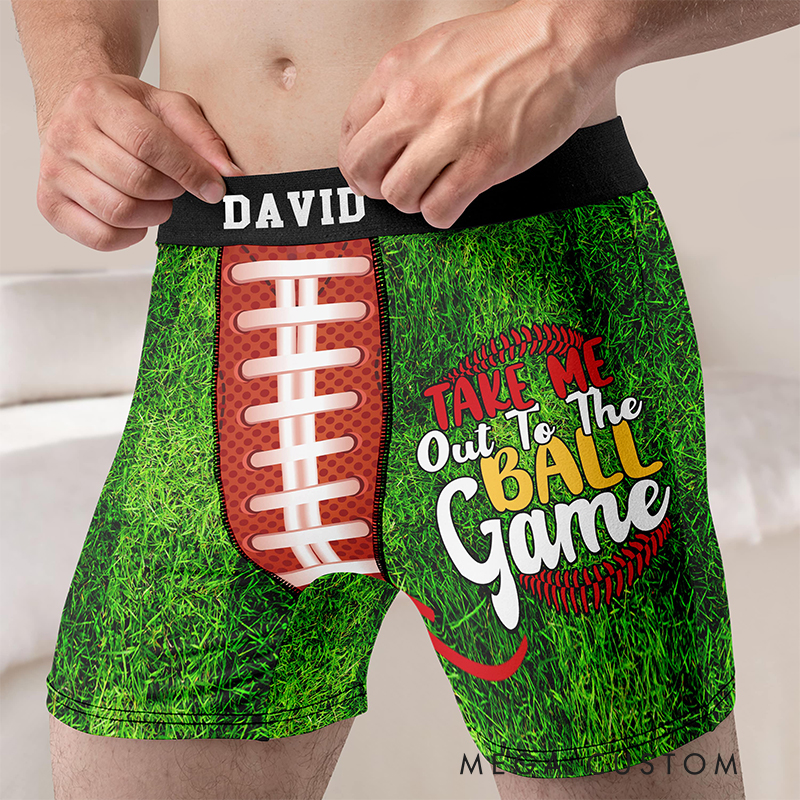 Personalized Football Boxers "Take Me Out to the Ball Game" with Custom Name and Fun Design for Sports Fans Valentine's Day Gift for Men