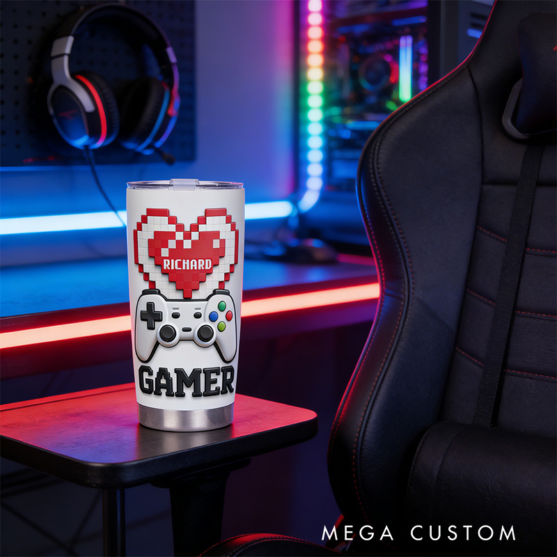 Personalized 2D Flat Pixel Heart 20oz Tumbler Gamer Stainless Steel Tumbler Player Controller Video Game Tumbler Gamer Gift