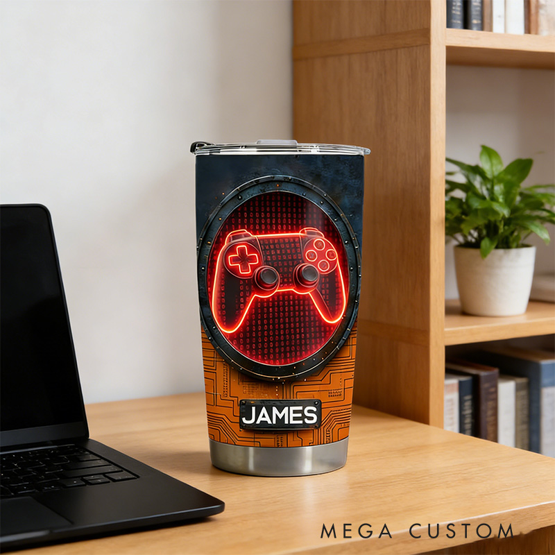 Personalized 2D Flat Red Cyber Gamer 20oz Tumbler Gamer Stainless Steel Tumbler Player Controller Video Game Tumbler Gamer Gift
