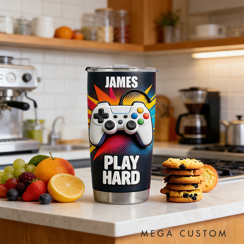 Personalized 2D Flat Comic Style Play Hard 20oz Tumbler Gamer Stainless Steel Tumbler Player Controller Video Game Tumbler Gamer Gift