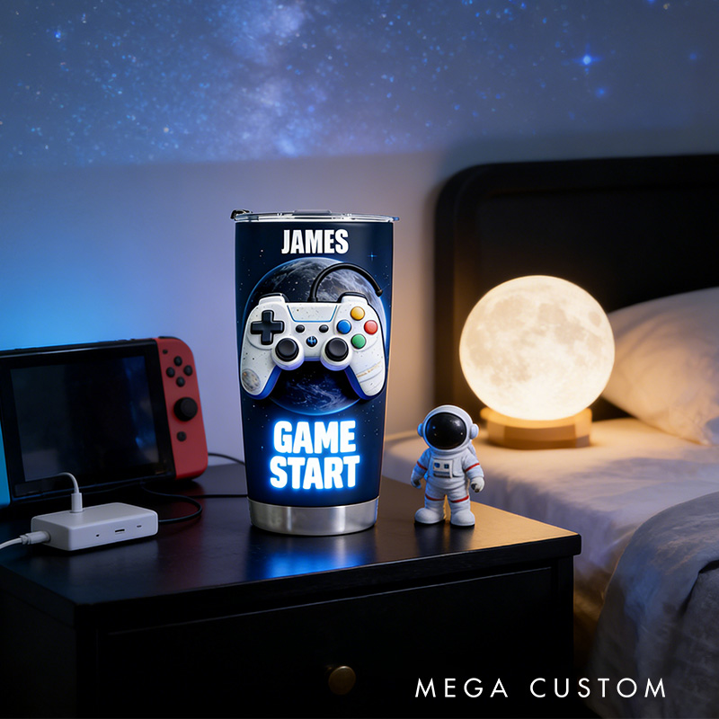 Personalized 2D Flat to the Moon Game Start 20oz Tumbler Gamer Stainless Steel Tumbler Player Controller Video Game Tumbler Gamer Gift