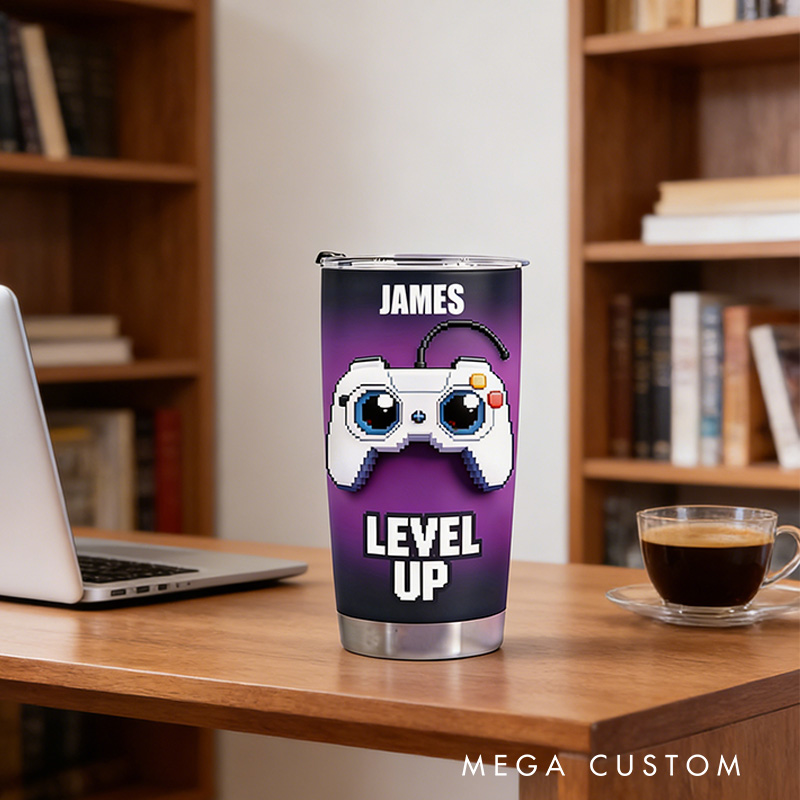 Personalized 2D Flat Pixel Level Up 20oz Tumbler Gamer Stainless Steel Tumbler Player Controller Video Game Tumbler Gamer Gift