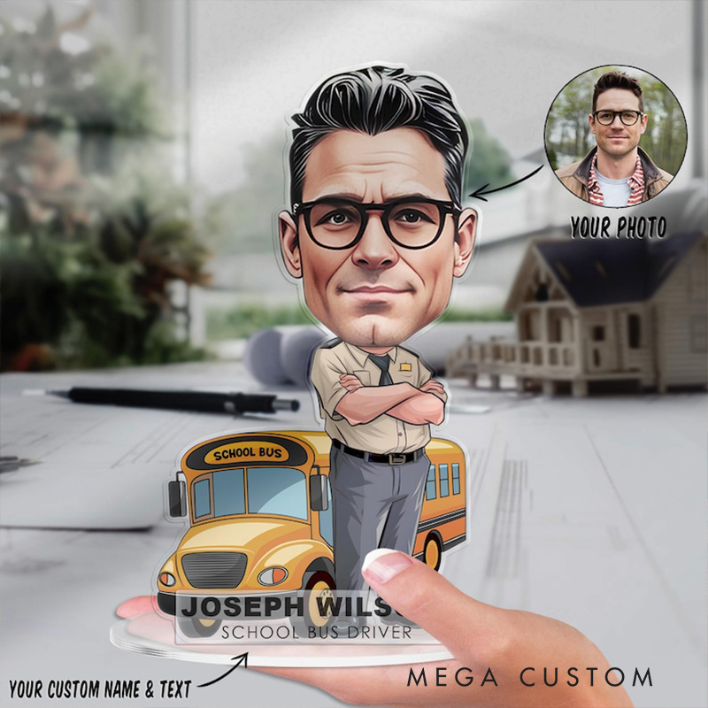 Personalized School Bus Driver Acrylic Figurine Custom Cartoon Portrait Desk Nameplate Funny Caricature Plaque Gift For Teacher Dad Or Coworker