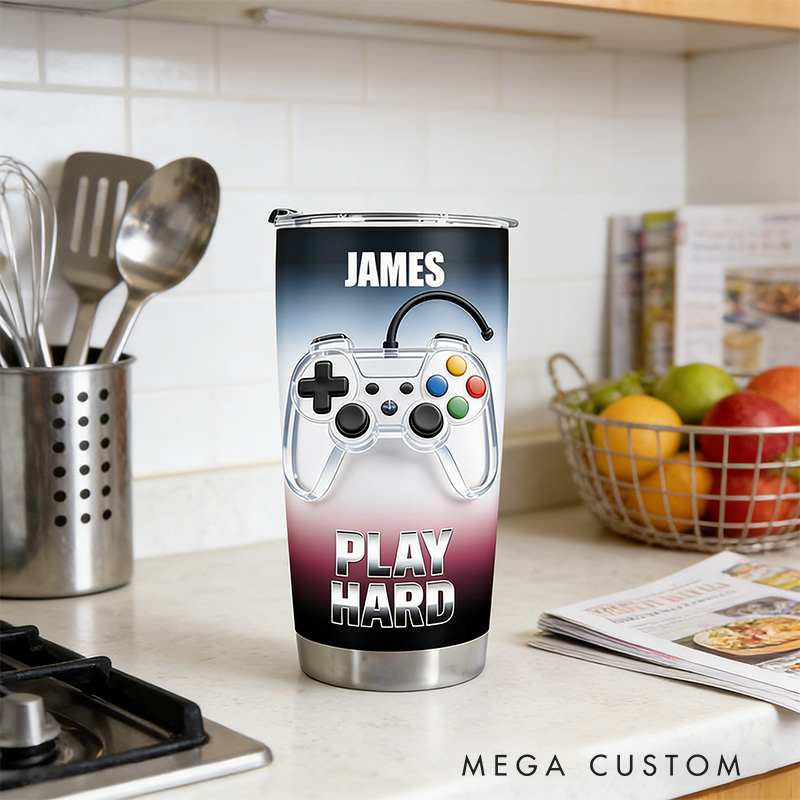 Personalized 2D Flat Fashion Play Hard 20oz Tumbler Gamer Stainless Steel Tumbler Player Controller Video Game Tumbler Gamer Gift
