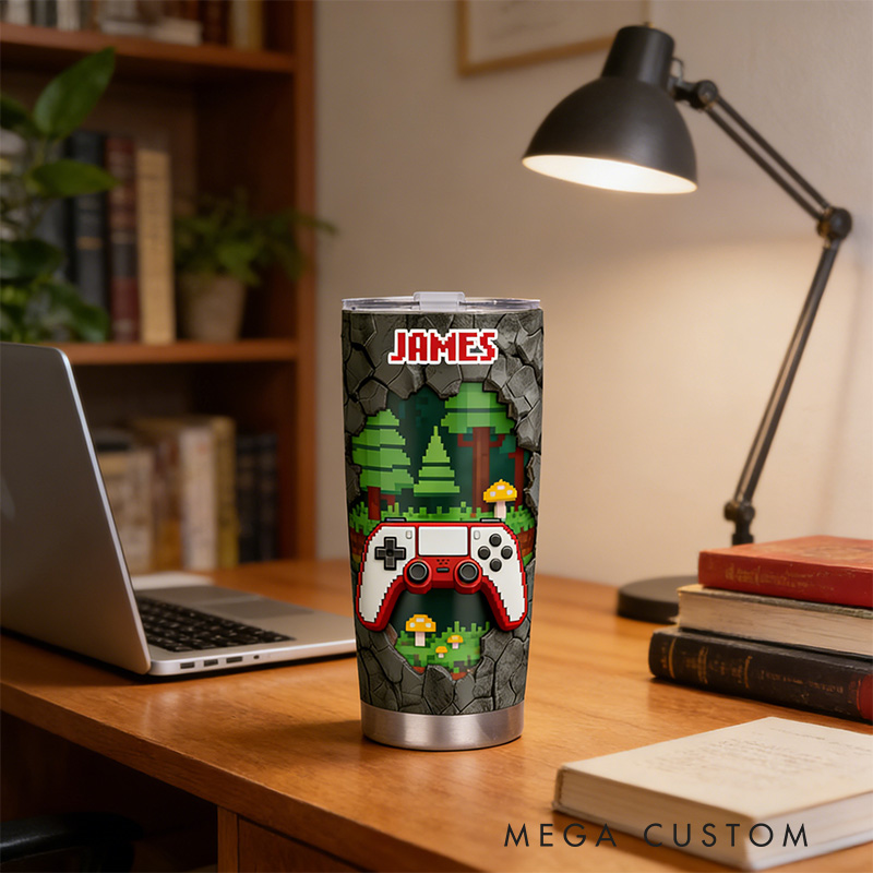 Personalized 2D Flat Pixel Forest 20oz Tumbler Gamer Stainless Steel Tumbler Player Controller Video Game Tumbler Gamer Gift