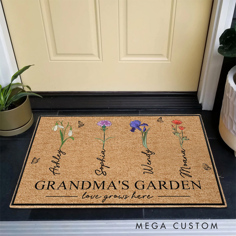 Personalized Grandma's Garden Doormat Custom Birth Flower Welcome Mat with Name for Mom Grandma Gardening Lover Family Grandma