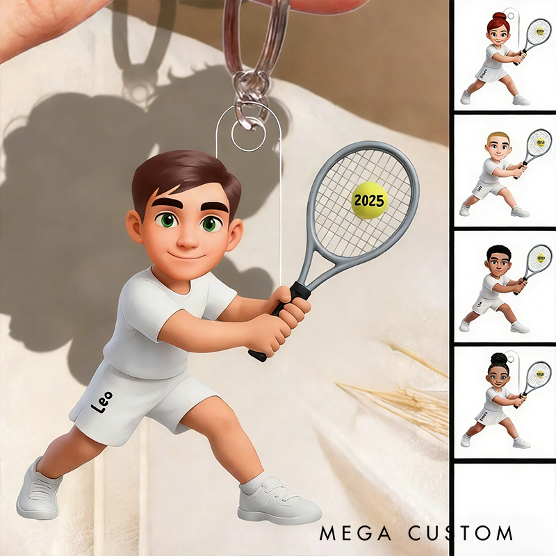 Personalized Tennis Player Keychain with Custom Name and Year Design