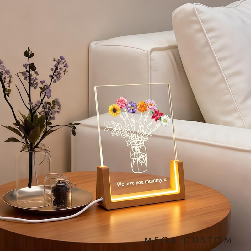 Personalized Family Bouquet Night Light Mothers Day Gift Mum's Bunch with Kids Name Birth Flower Lamp Gift for Mom 