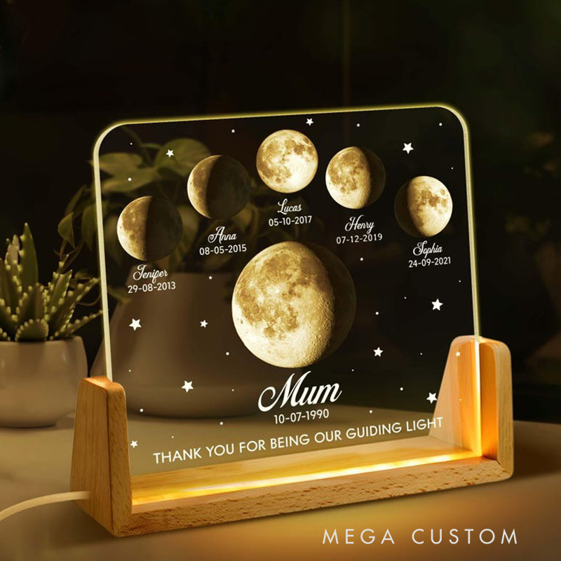 Personalized Moons Phase with Kids Names Custom Moons Phase LED Night Light Mother’s Day Gifts Gift for Mama