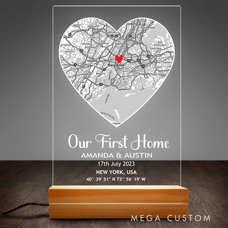 Personalized First Home Heart Map Plaque Custom LED Night Light for Couples Valentine’s Day Gift Housewarming Gift