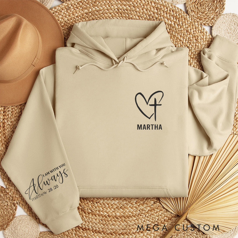 Personalized I am with You Always Heart and Cross Classic Hoodies with Custom Name Bible Verse Sleeve Print Sweatshirt Valentine Day Gift for Her