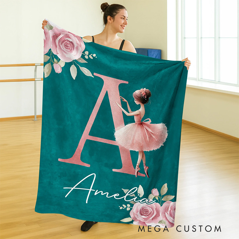 Personalized Rose Cartoon Ballerina Girl Blanket Flannel Blanket Ballet Lover Blanket with Name for Dance Lovers Dance Team Birthday Gift for Girls