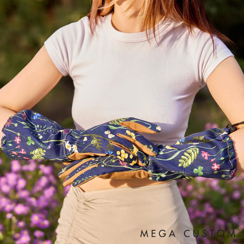 Personalized Floral Garden Gloves Long Cotton Twill Arm Protection with Name for Gardener and Gardening Lovers