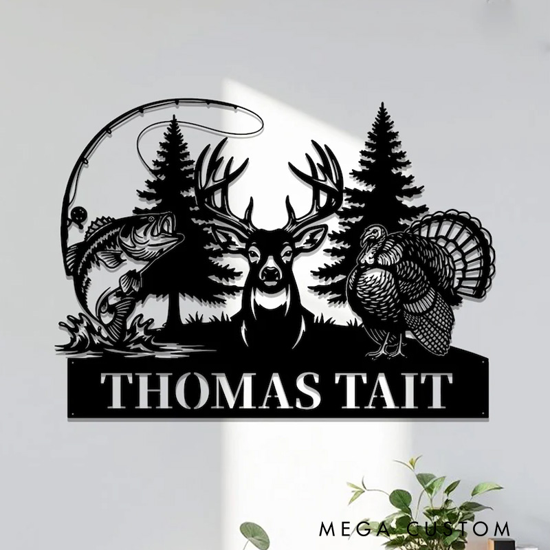 Personalized Hunting Name Metal Sign Custom Deer Turkey & Bass Fishing Wall Art Outdoor Hunting Decor Hunter Gift Name Sign