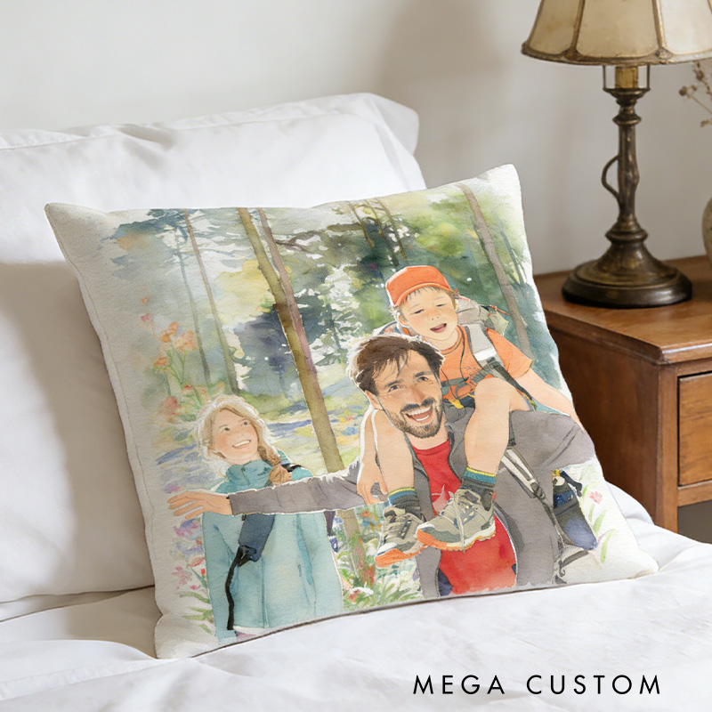Personalized Custom Watercolor Family Portrait Pillow Custom Photo Pillows for Family Outdoor Hiking Camping Lover