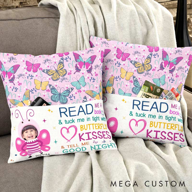 Personalized Photo Book And Butterfly Kisses Pocket Pillow with Name for Bookish Kids Book Lover Reading Lover
