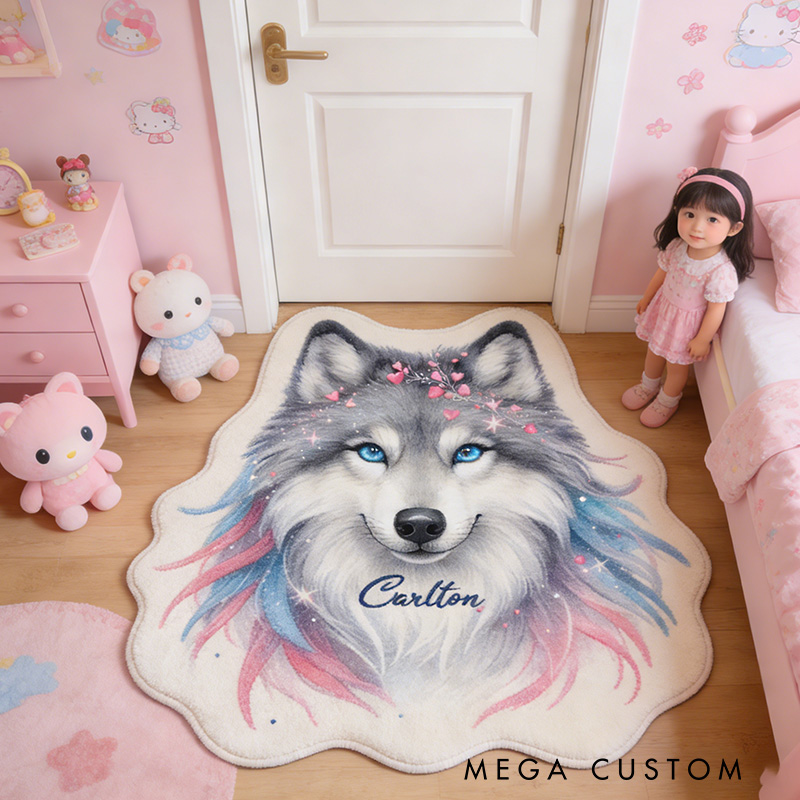Personalized Custom Watercolor Wolf Rug for Kids' Room Nature Lovers Rug Gift for Wildlife Outdoors