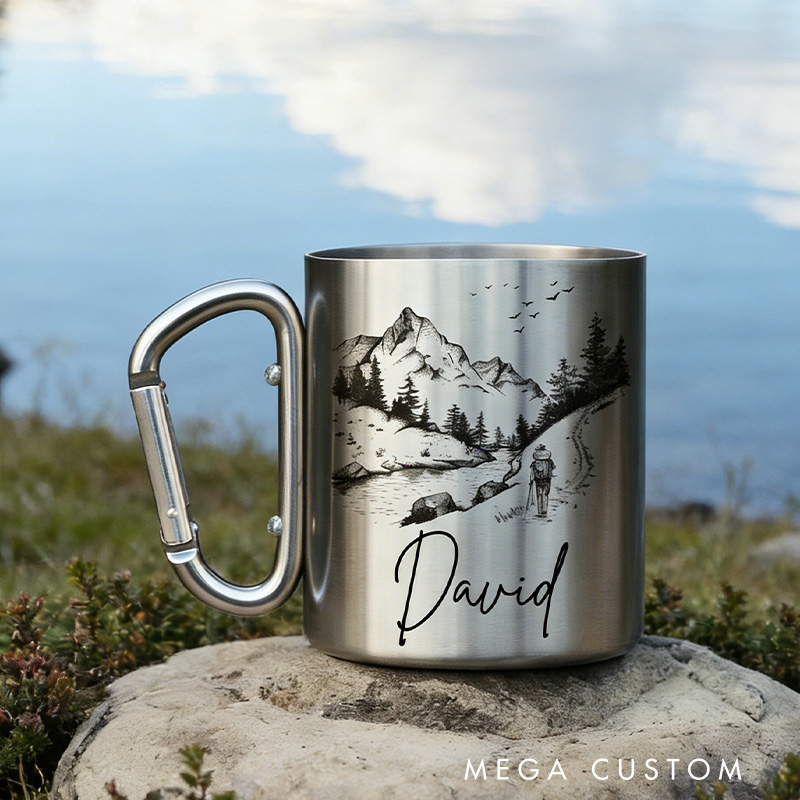 Personalized Hiking Mug Custom Stainless Steel Carabiner Cup Hiker Gift Nature Coffee Mug Backpacking Travel Mug