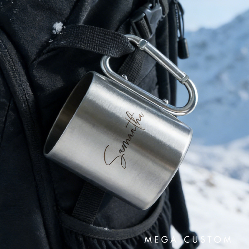 Personalized Camping Mug Engraved Stainless Steel Carabiner Mug Backpacker Mountain Climber Mug gift for hiking Outdoors 