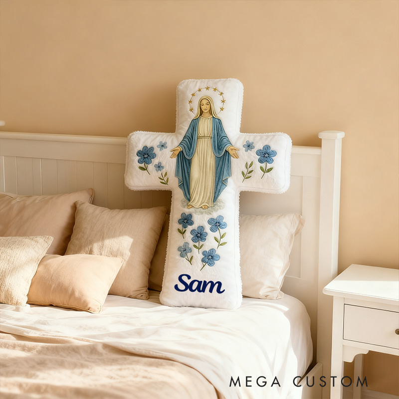 Personalized Catholic Virgin Mary Cross Pillow with Custom Name Home Decor Our Lady Pillow Blue Floral Catholic Marian Pillow Christian Gift for Women