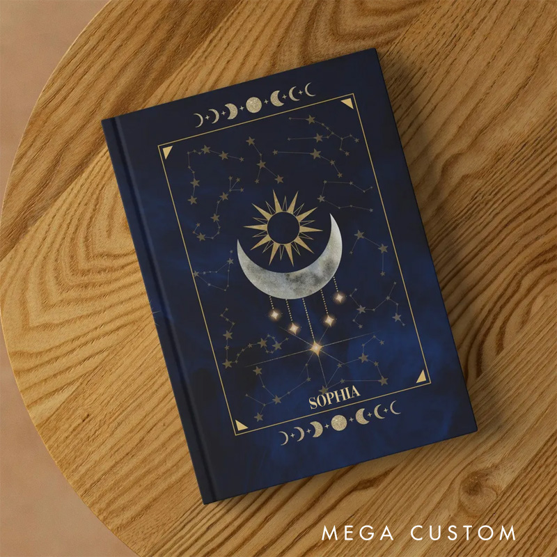 Personalized Sun & Moon Phases Hardcover Journal Dark Celestial Notebook Magic Lover Gift