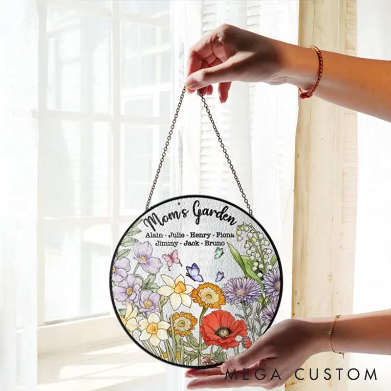 Personalized Birth Flowers Grandma's Garden Stained Glass Suncatcher with Name for Gardening Lovers