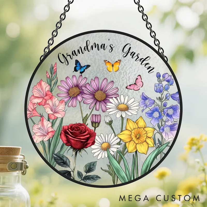 Personalized Family Birth Flowers Glass Suncatcher Home Decor with Name for Gardening Lovers