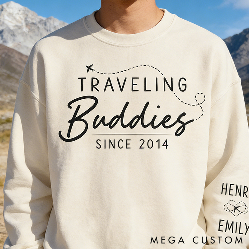 Personalized Traveling Together Classic Sweatshirt with Sleeve Design-Perfect Gift for Adventure Lovers, Anniversaries, Valentines and Holidays