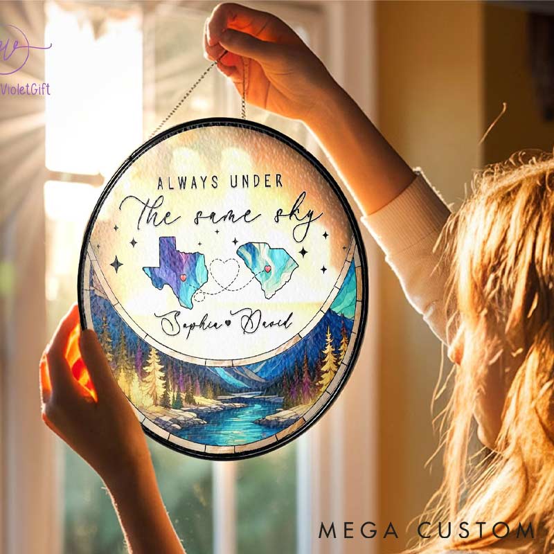 Personalized Long Distance Relationships Stained Glass Suncatcher Two Countries Ornament for Traveling Lovers 