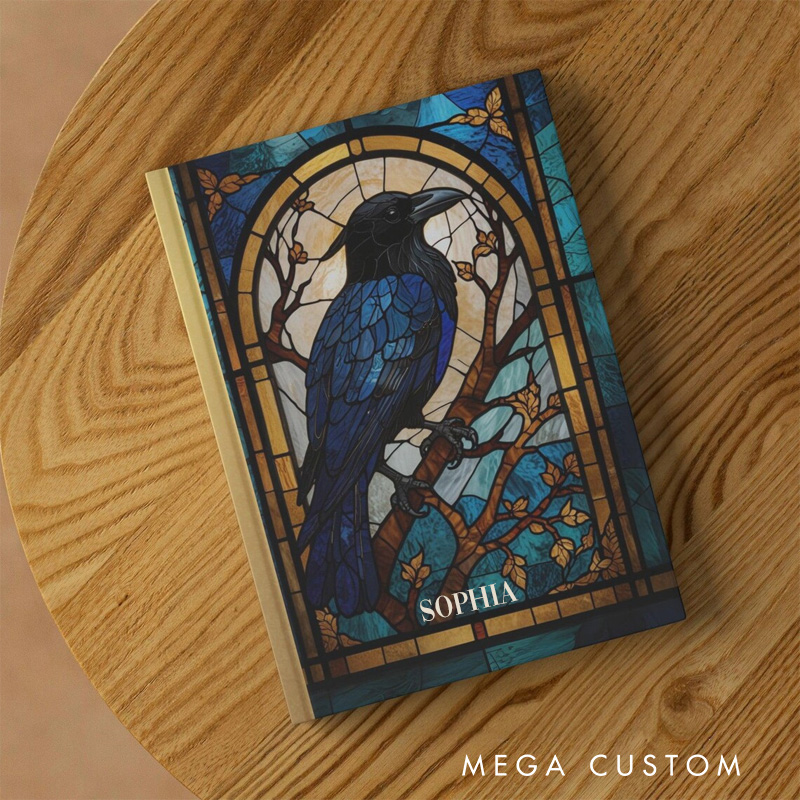 Personalized Faux Stained Glass Raven Hardcover Journal Witchy Notebook Magic Lover Gift Manifestation Spell Book