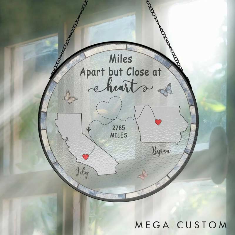 Personalized Long Distance Friendship Relationship Stained Glass Suncatcher Miles Apart Keepsake for Traveling Lovers 
