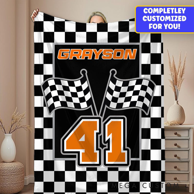 Personalized Racing Gifts Custom Name and Number Blanket with Checkerboard Flag Design Black and White Throw for Racing and Car Lovers