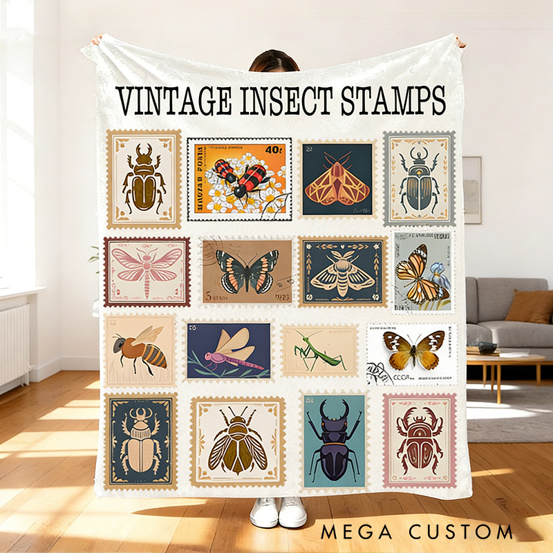 Personalized Vintage Insect Stamps Blanket Retro Bugs Kid Blanket Vintage Entomologist Blanket Outdoor Nature Enthusiasts Gift