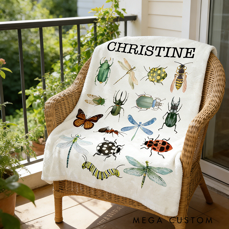 Personalized Insect Collection Blanket Retro Bugs Kid Vintage Entomologist Blanket Outdoor Nature Enthusiasts Gift