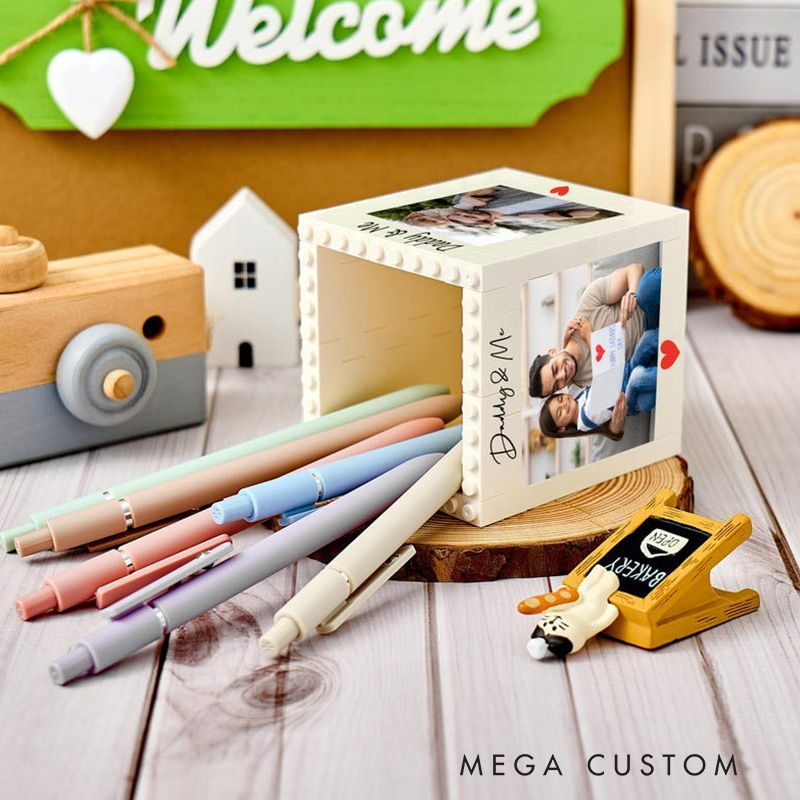 Personalised Daddy & Me Brick Photo Block Pencil Pot Brick-Inspired Organizer Customized Photo Block Pencil Holder Gifts for Dad Kids Children Student