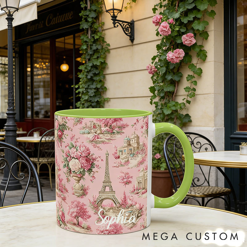 Personalized Pink Paris Toile Mug Eiffel Tower Chinoiserie Coffee Cup for Traveling Lovers