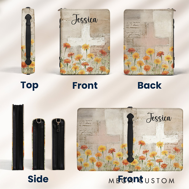 Personalized Watercolor Birth Flower Cross PU Leather Bible Cover Case with Custom Name and Carry Handle Religious Birthday Gift for Christian Women