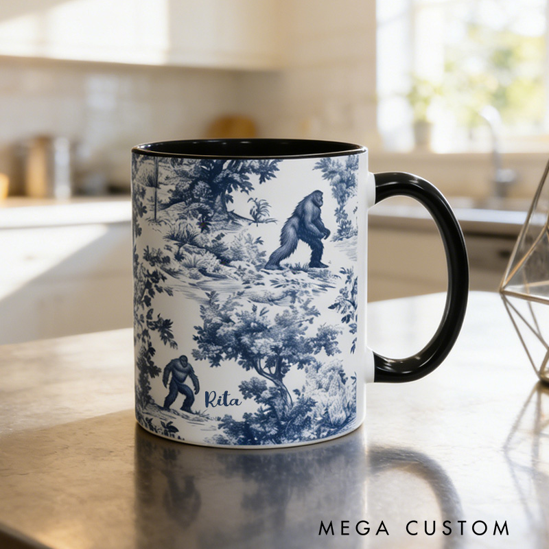Personalized Toile-Style Mug Cryptid Lover Blue Toile Coffee Cup Paranormal Gift Outdoor Nature Lover Gift