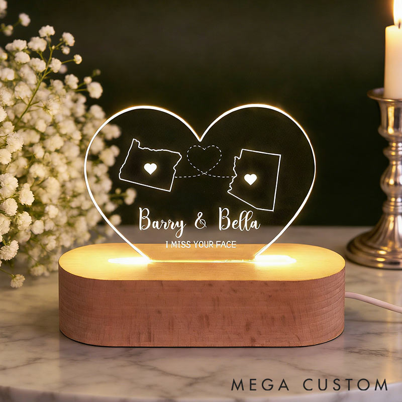 Personalized Two-State Map Night Lamp Long Distance Gift for Traveling Lovers