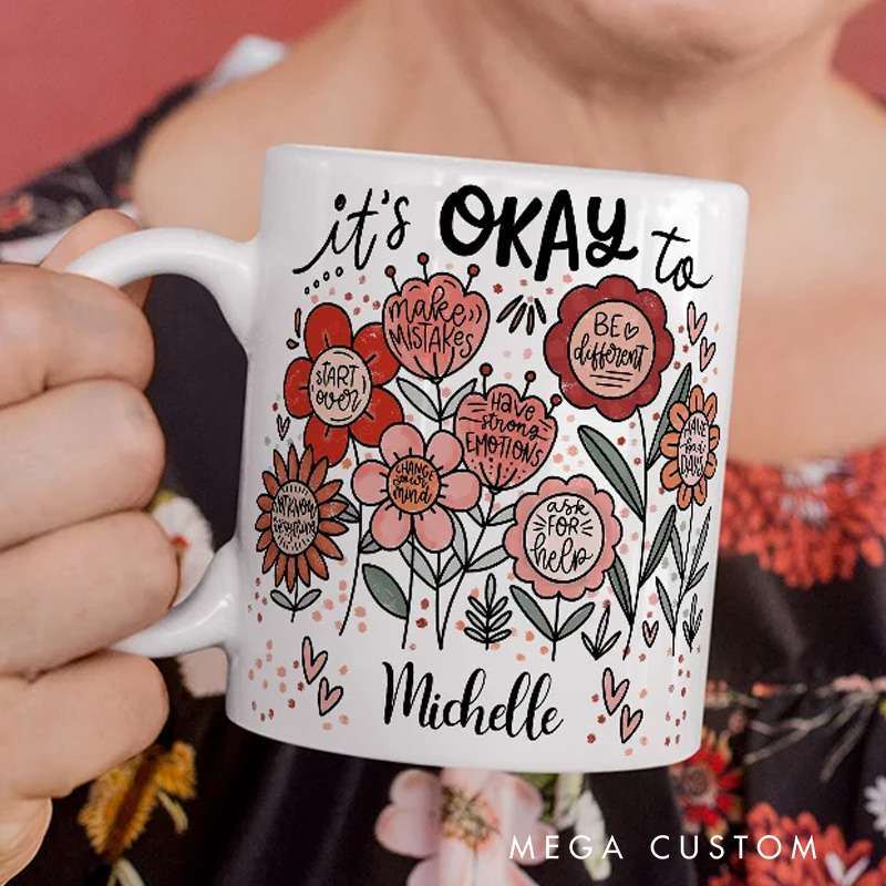 Personalized Flower Mug Custom Floral Positive Inspirational Word Mug with Name Gardening Lover Gift for Gardener Plant Lover