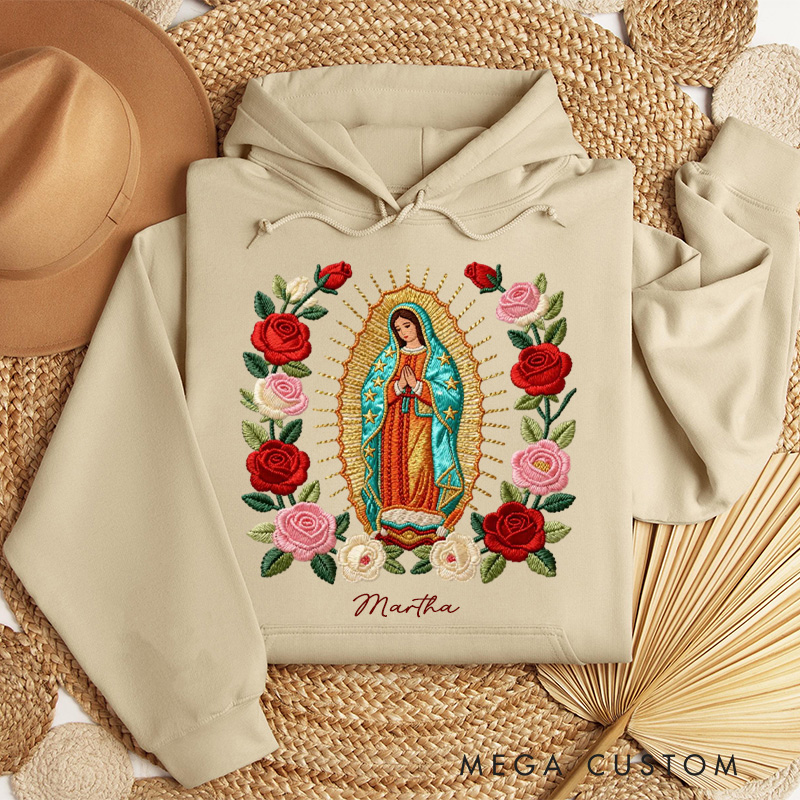 Personalized Our Lady of Guadalupe Classic Hoodies with Custom Name Graphic 3D Print Blessed Mother Mary Catholic Sweatshirt Faith Gift Religious Gift