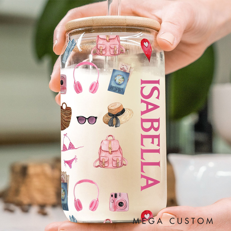 Personalized Just a Girl Who Loves Traveling Glass Tumbler Custom Clear Glass Cup with Lid and Straw for Traveling Lover Girls