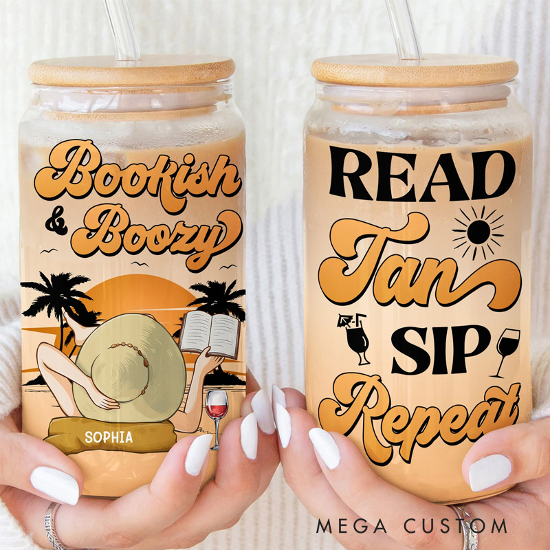 Personalized Bookish and Boozy Glass Tumbler Custom Clear Glass Cup with Lid and Straw for Book Lovers Reader Traveling Lover Girls