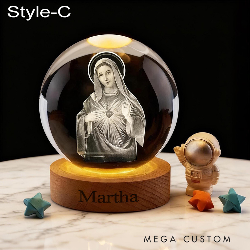 Personalized Cross 3D Engraved Crystal Ball Night Light With Custom Text in Wooden Base Home Decor Jesus Night Lamp Religious Gift Christmas Gift