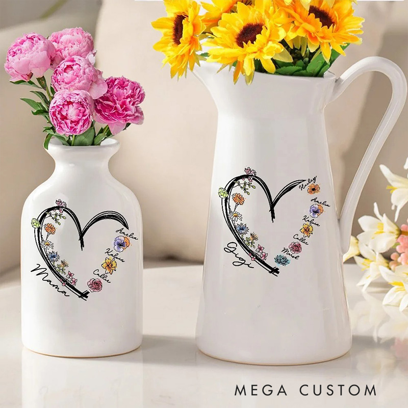 Personalized Names & Birth Flowers Vase with Heart Woman's Ceramic Vase Home Decor Mother's Day Birthday Gift for Mom Grandma