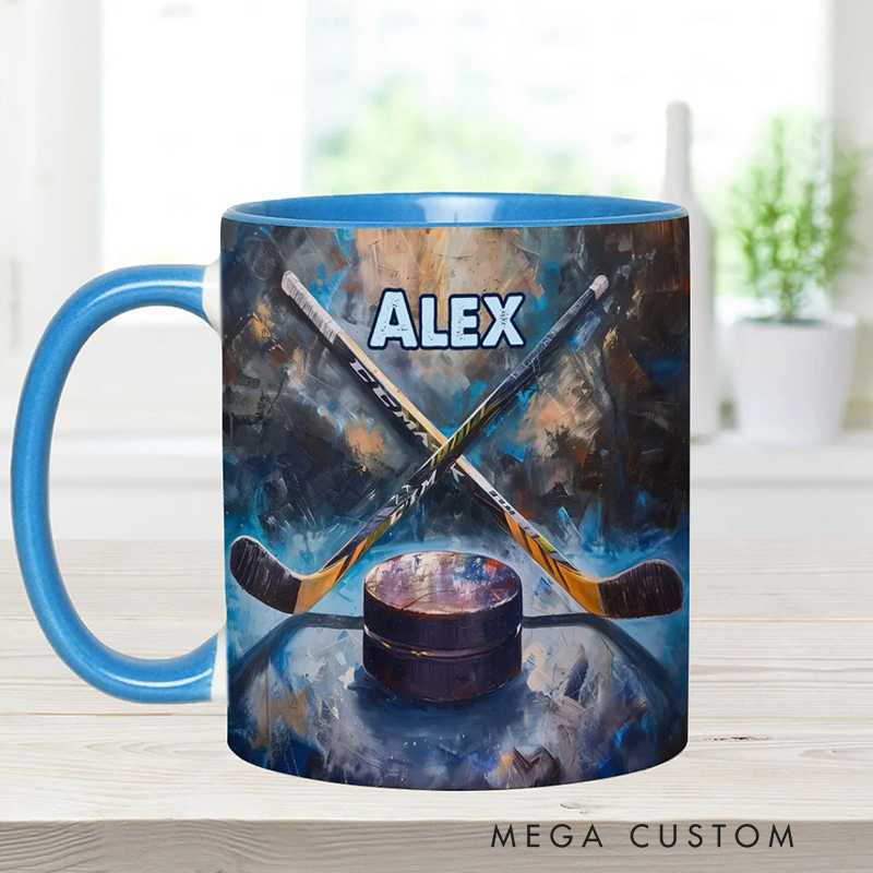 Personalized Ice Hockey Mug with Artistic Stick and Puck Design for Ice Hockey Enthusiasts