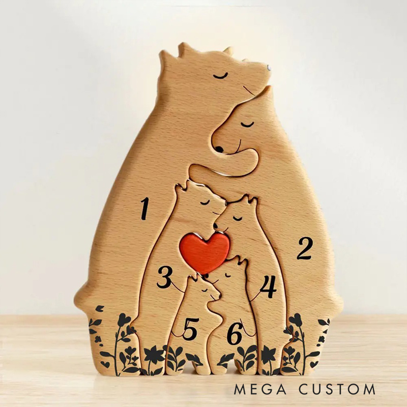 Personalized Wooden Bear Family Puzzle with 2-8 Names & Red Heart, Family Home Decor Family Keepsake Gift Birthday Christmas Gift for Parents Grandma