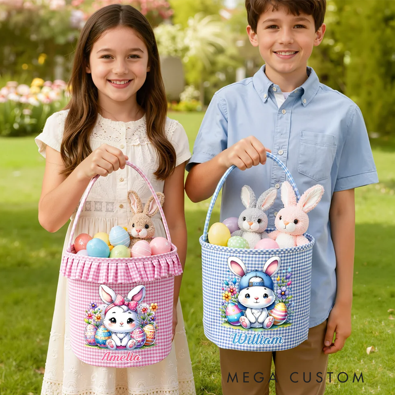 Personalized Cartoon Cute Bunny Chick Reusable Easter Plaid Basket with Name Easter Egg Hunt Easter Party Gift for Kids